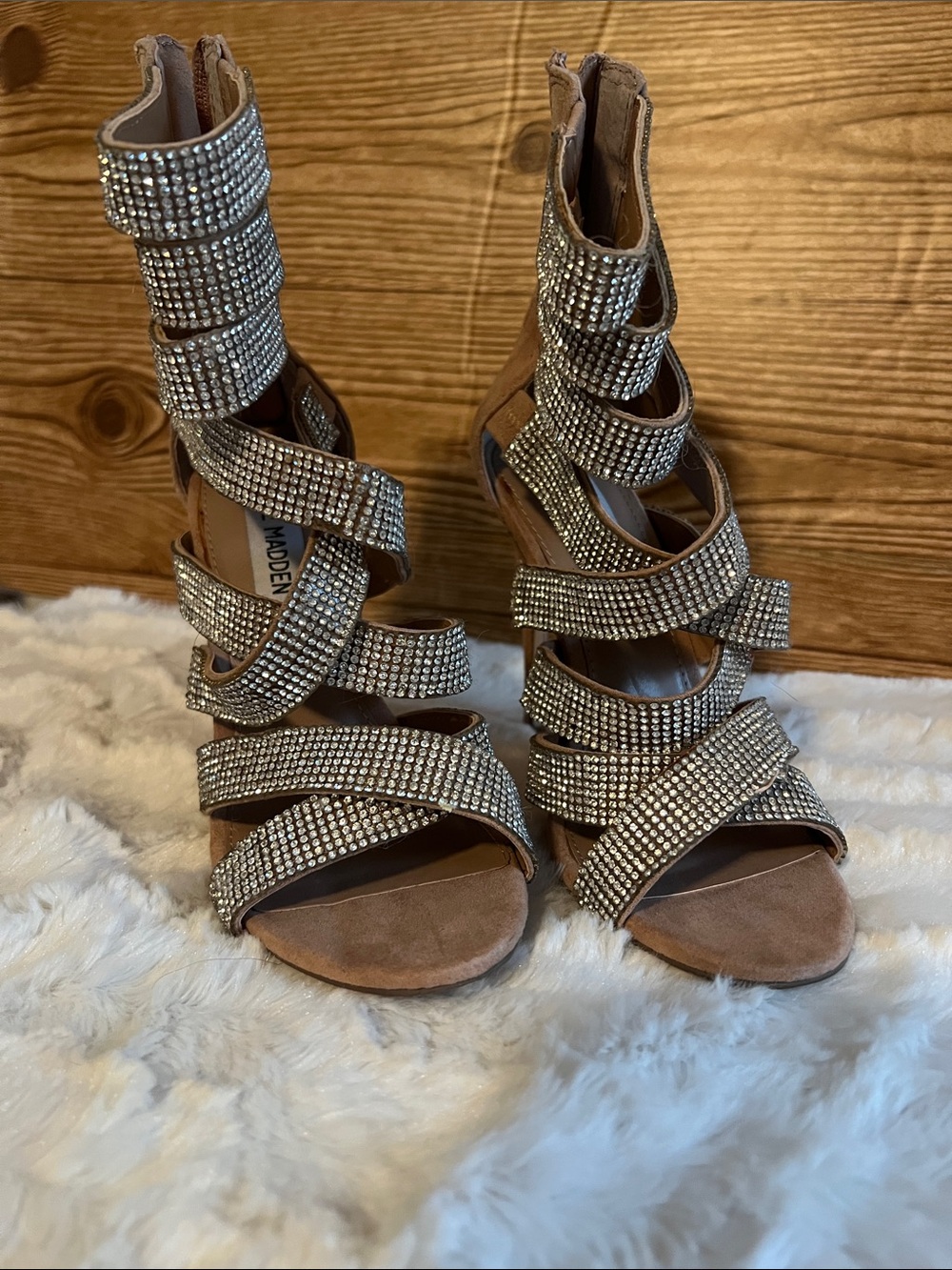 Steve Madden Tan Suede Gladiator Heels with Rhinestone Straps